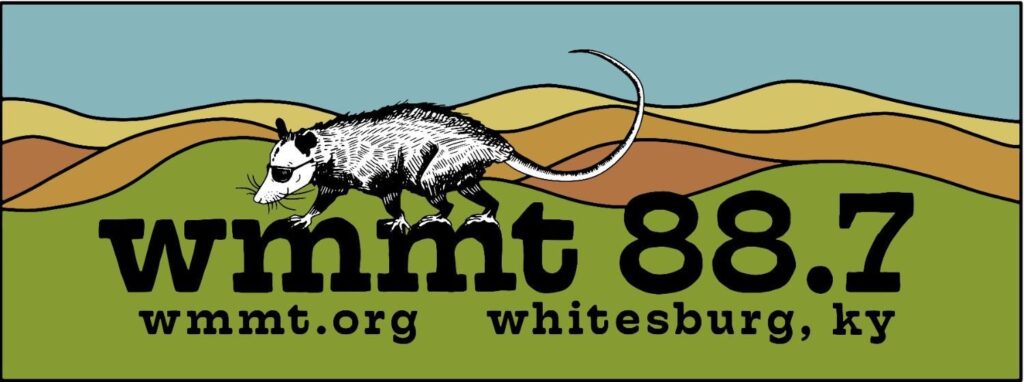 Drawing of a possum walking across WMMT 88.7 with multicolored mountain ridges in the background.